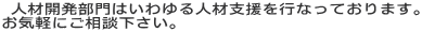 人材開発部門はいわゆる人材支援を行なっております。 お気軽にご相談下さい。